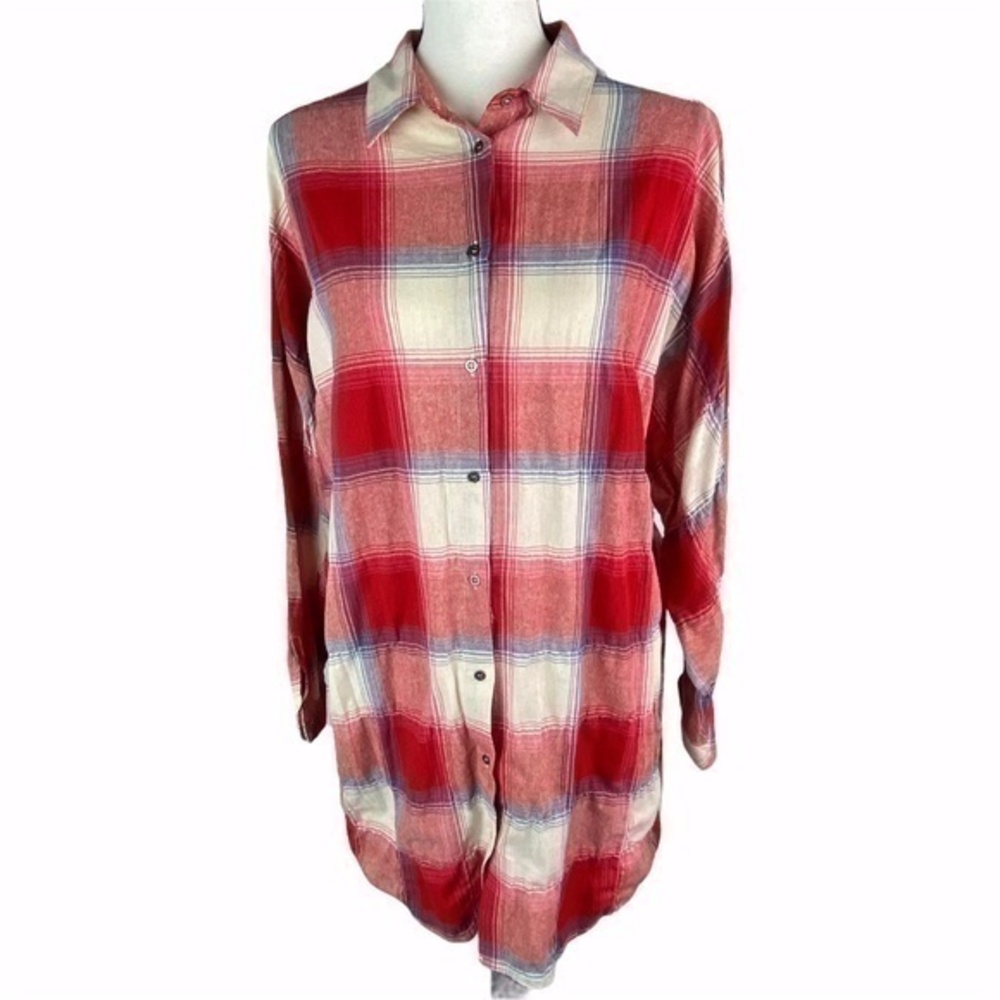 Easel Oversized Top Shirt Dress Plaid Button Up Long Sleeve